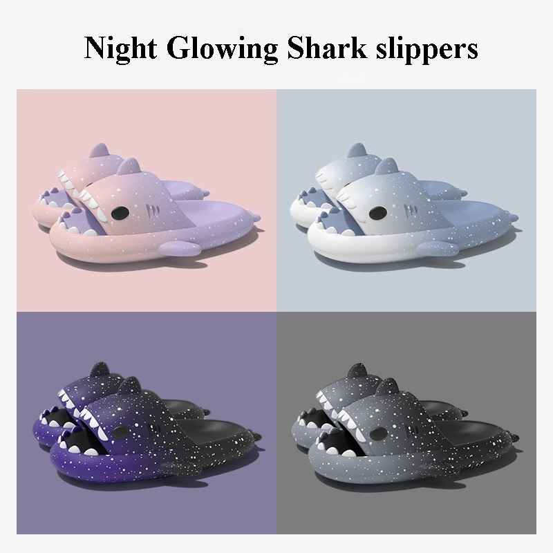 Men'S Shoes With Platform - かわいい漫画サメスリッパ女性男性のためのグラデーションカラー夏のプラットフォームシューズ夜の光るスタイルカップルホームストリートスライド