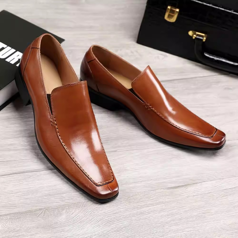 Men Shoes Formal - 和風尖頭革靴厚底ビジネスドレススクエアトゥローファー男性スリッポンソリッドカラーフォーマル革靴