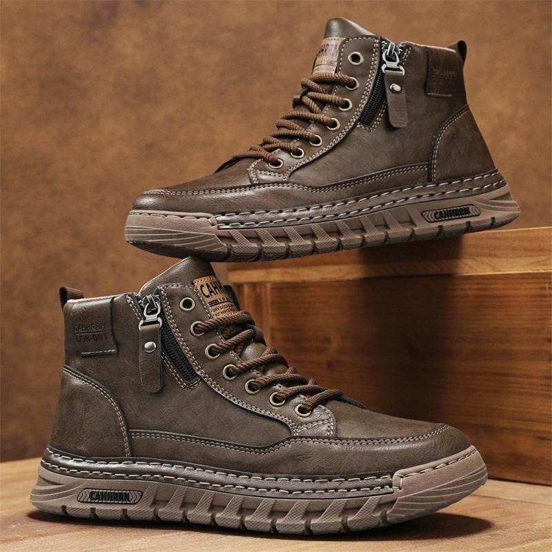 Men'S Shoes Comfortable Walking - 男性革ハイトップアンクルブーツ春冬男性オートバイブーツノンスリップ快適屋外トレッキングシューズウォーキングボタス Hombre