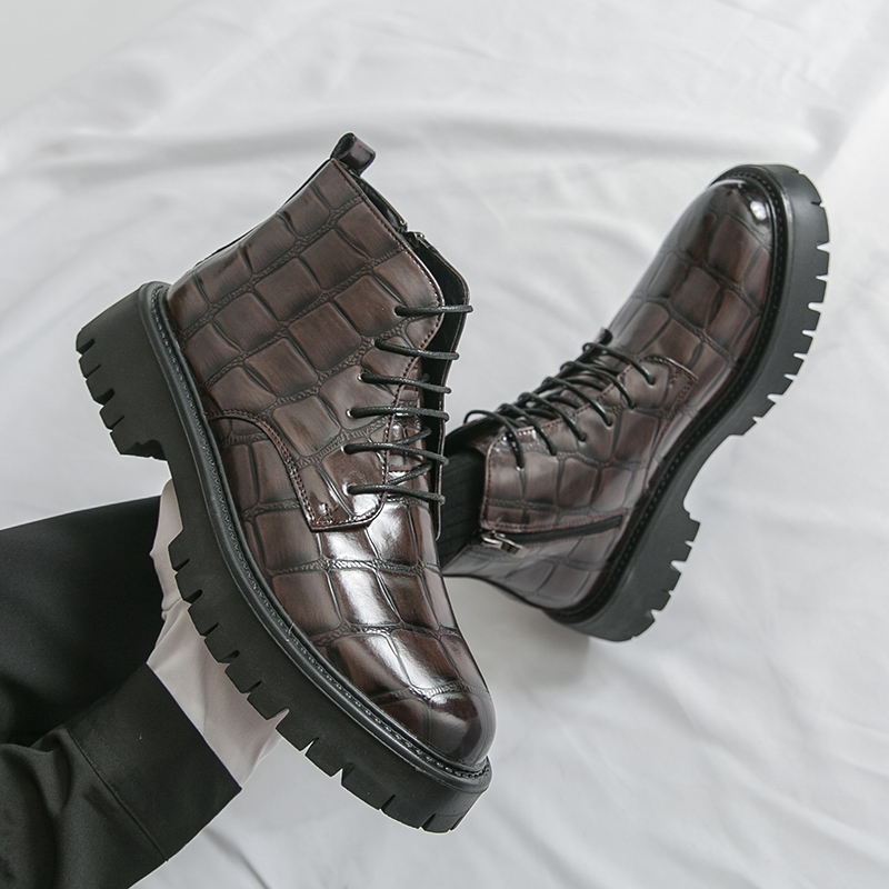 Men'S Shoes Top Brands - 秋のファッションブランドメンズクロコダイルレザーショートブーツ高品質レースアップ身長増加厚底ハイカットレザーシューズ