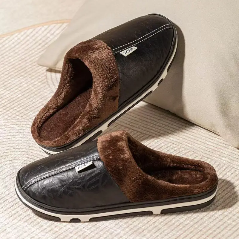 Men'S Shoes Top Brands - メンズビッグサイズ冬用スリッパ室内PUレザー家庭用防水ふわふわカジュアルスライドメンズ寝室用快適シューズハウスシューズ