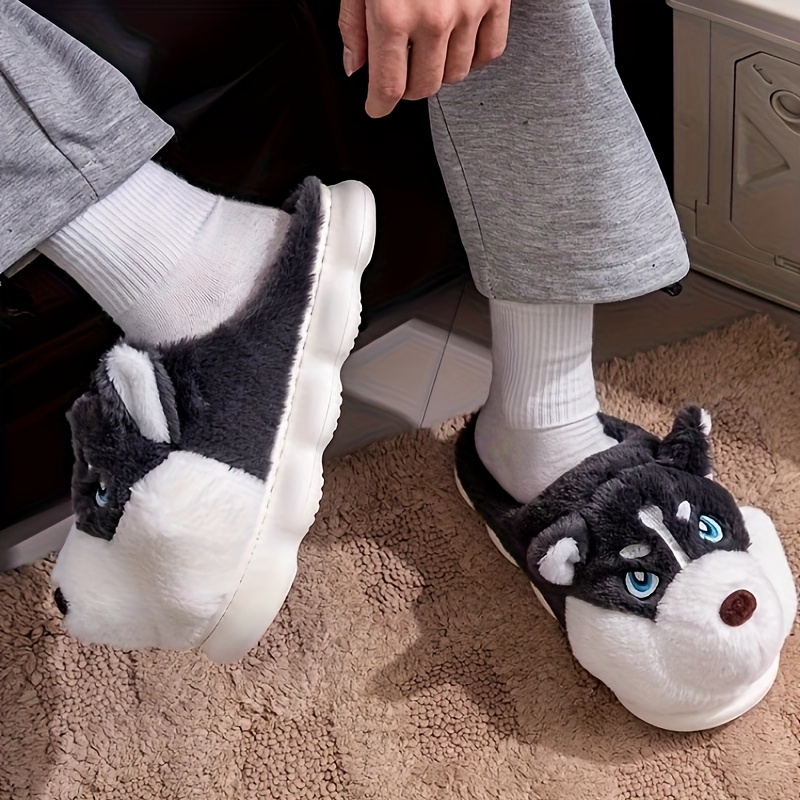 Men Shoes Eu To Us Size - ZUOFU かわいいハスキー犬のぬいぐるみスライドスリッパ 秋冬用 ソフトでふわふわ 滑り止め 快適な室内用スリッパ