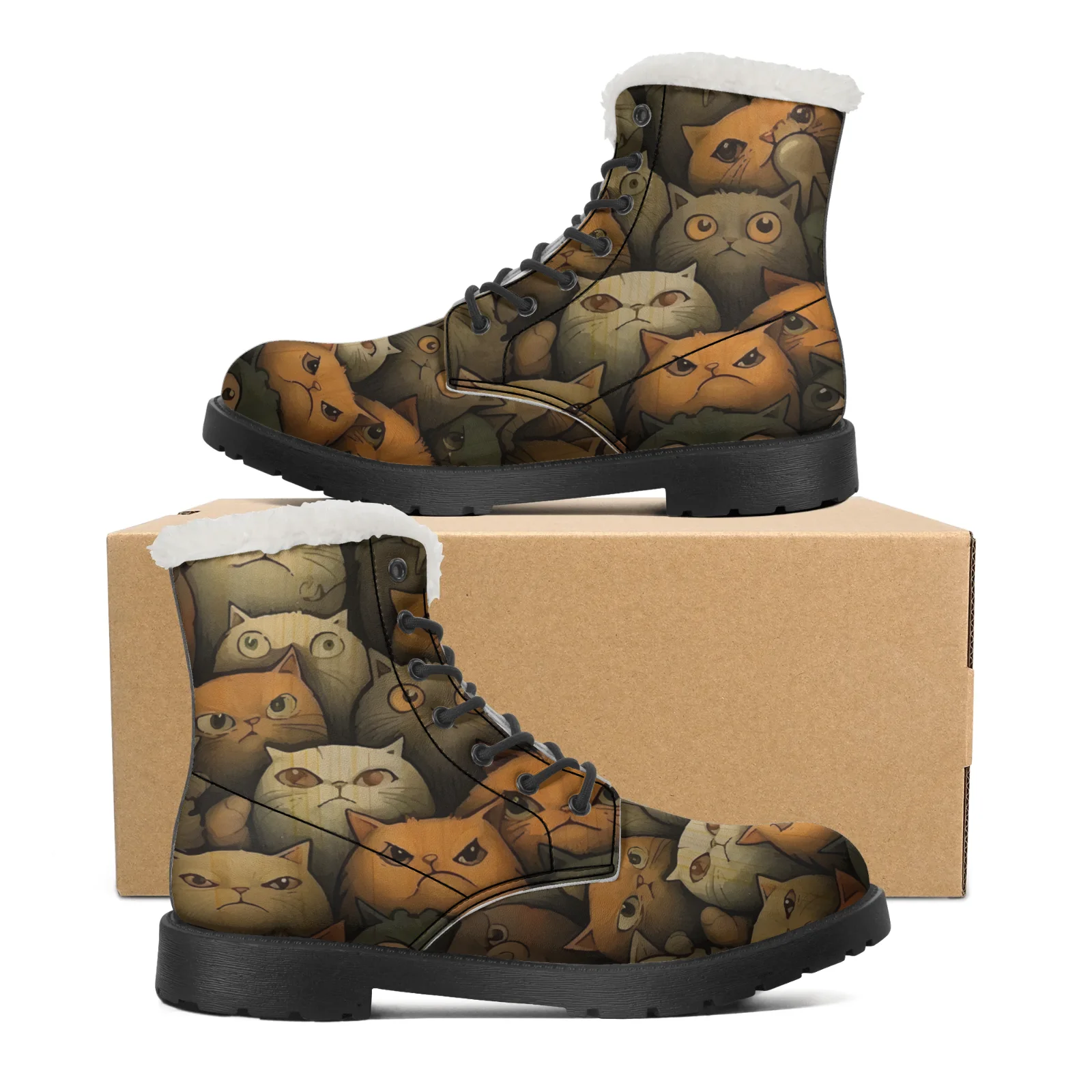 Men Shoes Eu To Us Size - かわいい猫柄プリントのプラッシュスノーブーツ メンズ＆レディース ティーンエイジャー向けシューズ カジュアルブーツ 軽量保温 カップルスノーブーツ
