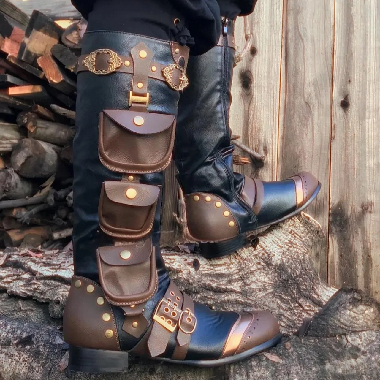 Men Shoes Europe To Us - レトロ中世スチームパンクハイブーツポケット付きタイムトラベラーコスプレメンズ大きいサイズロールプレイハロウィン海賊靴