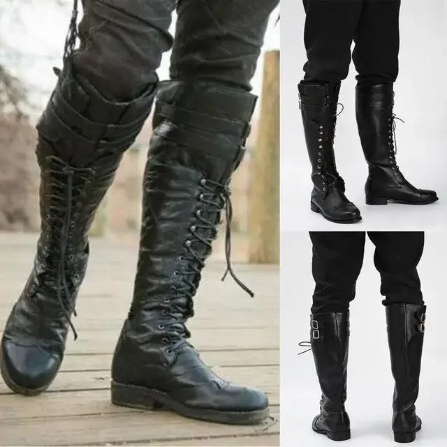 Men Shoes Europe To Us - 中世スチームパンクコスプレブーツ男性冬 Larp バイキング海賊 Pu レザー靴カーニバルパーティーファンシー騎士ブーツ 37-48