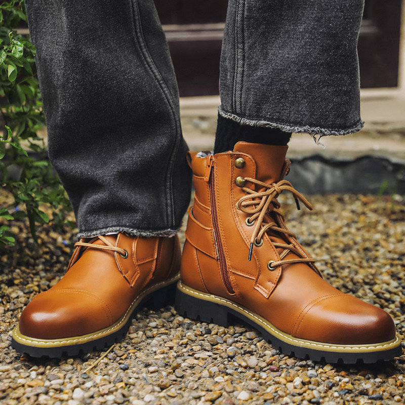 Men Shoes Oxford - 秋冬ファッション男性革ブーツ金属ダブルジッパーオートバイブーツオックスフォードビジネス男性アンクルブーツ靴大サイズ 48