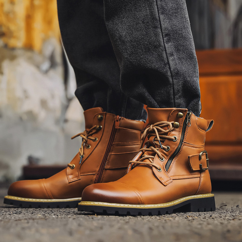 ファッション男性革ブーツ金属ダブルジッパーオートバイブーツオ - Men Shoes Oxford のレビューと価格