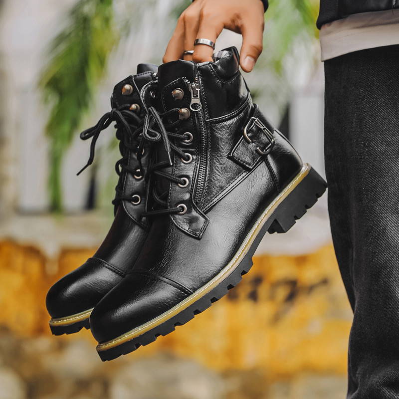 ファッション男性革ブーツ金属ダブルジッパーオートバイブーツオ - Men Shoes Oxford のレビューと価格