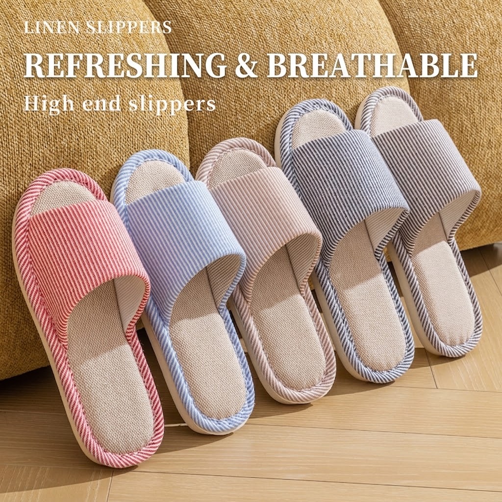 通気性のあるリネン製スリッパ 男女兼用 ストライプ柄 オープ - Men'S Shoes Non Slip のレビューと価格
