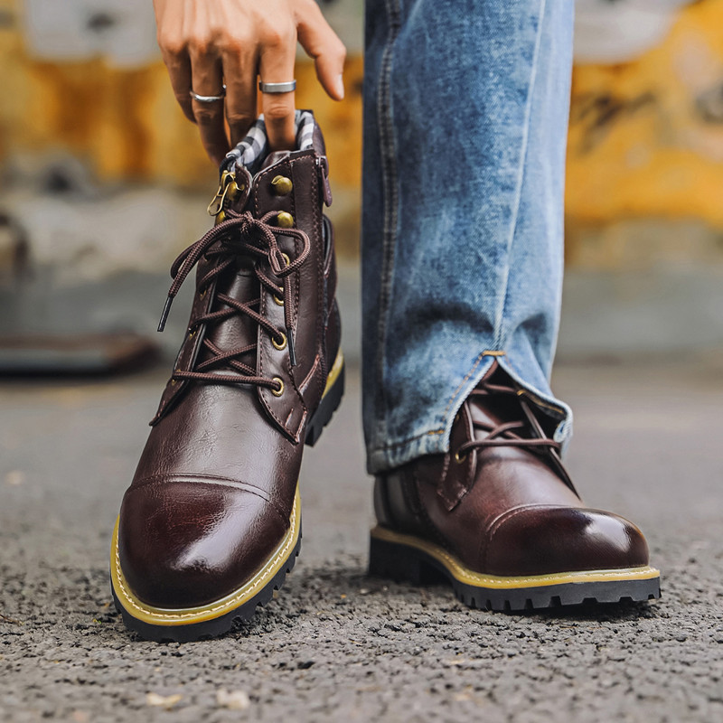 秋冬ファッション男性革ブーツ金属ダブルジッパーオートバイブー - Men Shoes Oxford のレビューと価格